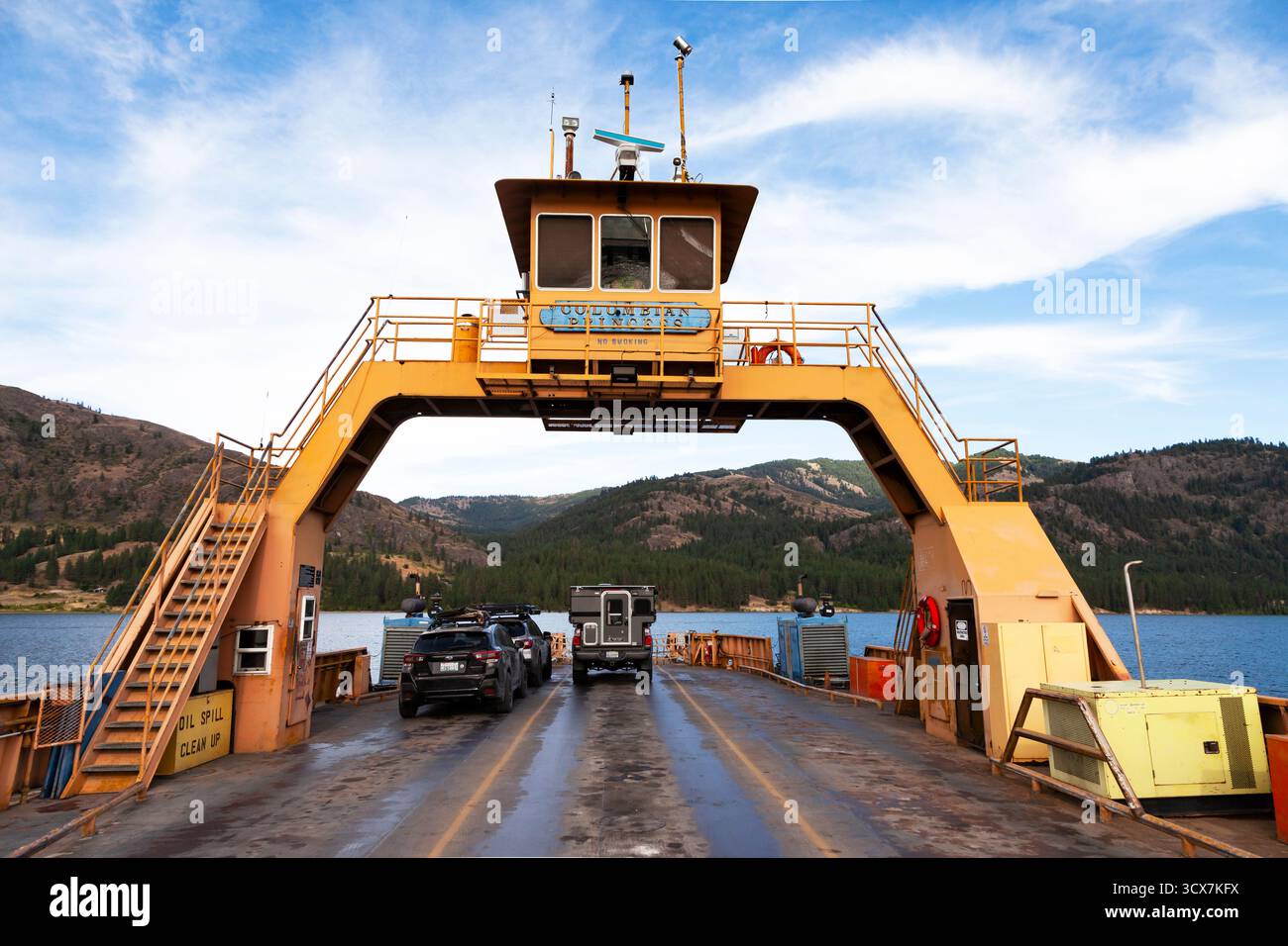 The Columbian Princess auto ferry, which is operated by the Colville Tribe in northeastern Washington, Heads east toward the ferry landing in Gifford Stock Photo