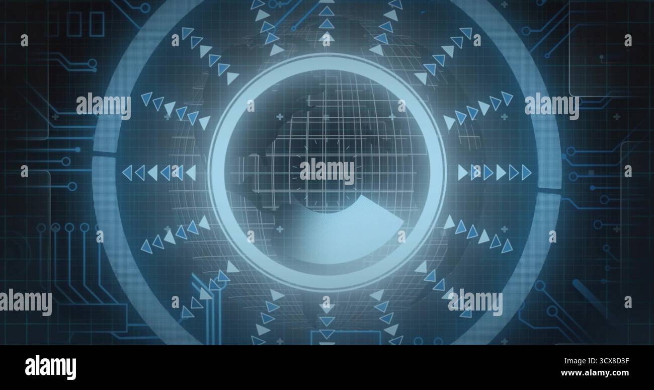 Presenting neon-blue interface hovering on virtual control panel, with concentric rings and arrows Stock Photo