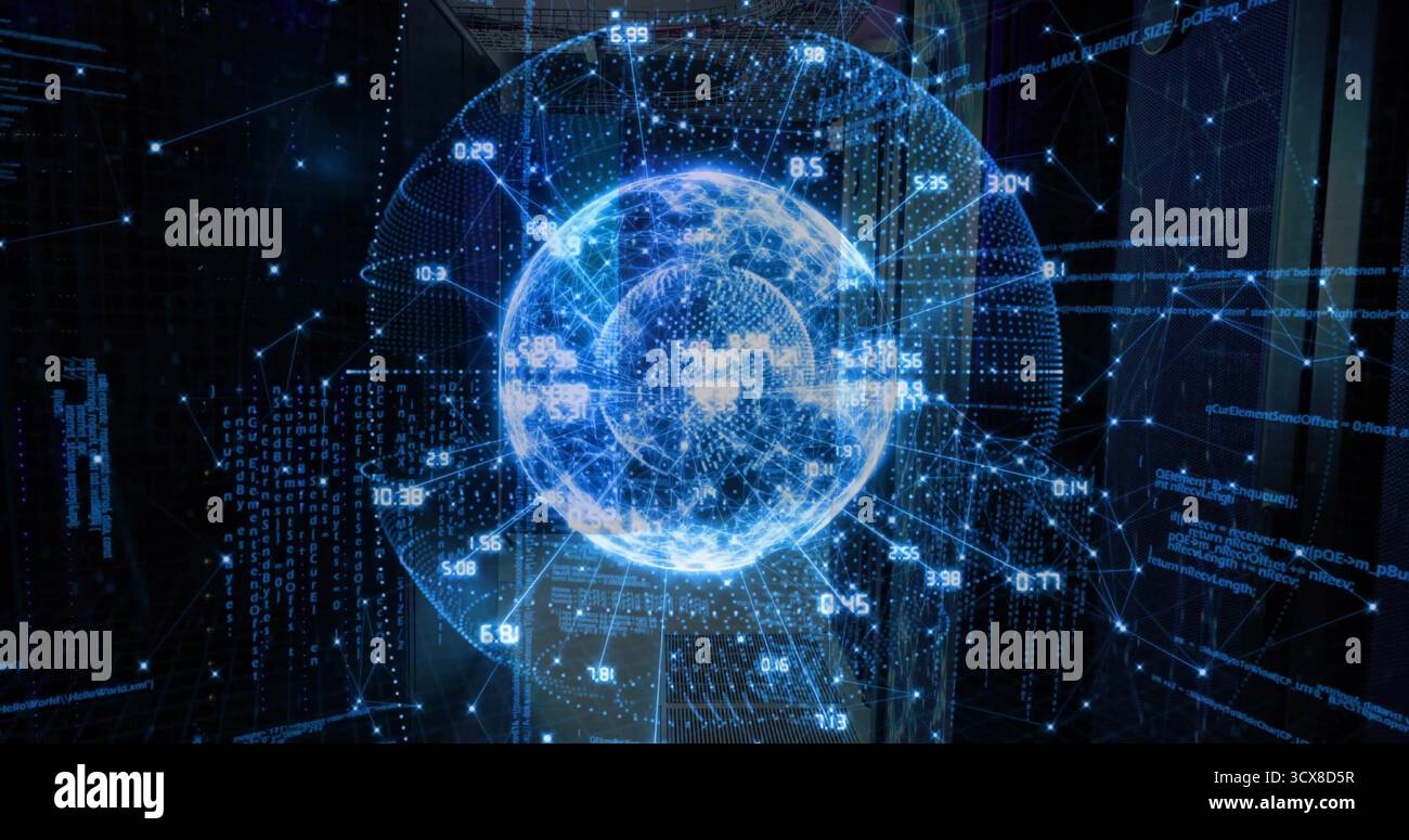 Floating sphere projecting data points numeric overlays and network lines in server room Stock Photo