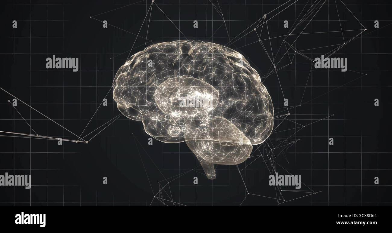 Floating wireframe brain model glowing against dark grid backdrop, with network lines and nodes Stock Photo