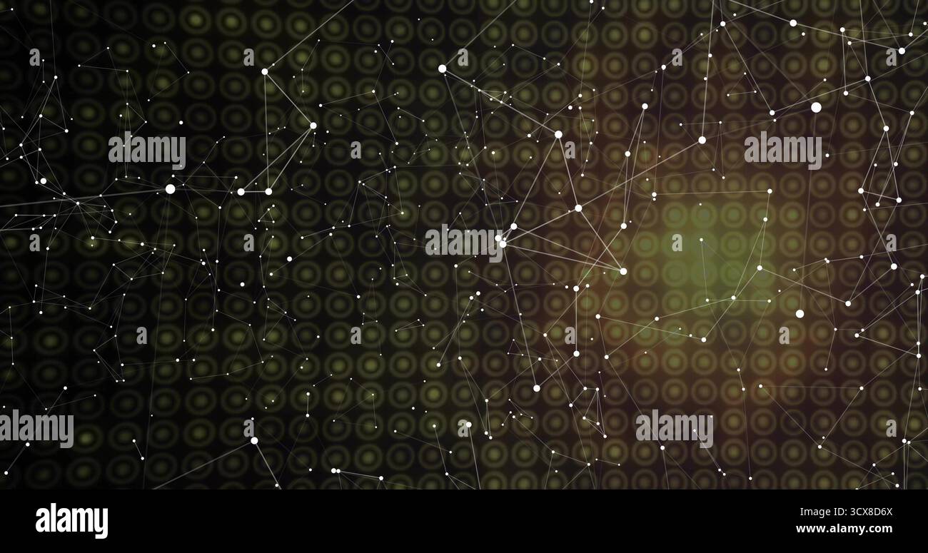 Displaying network of white nodes and thin lines in digital data visualization, with grid pattern Stock Photo