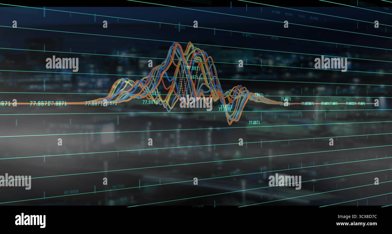 3D multicolored line graph undulating through grid display in office, with numeric data labels Stock Photo