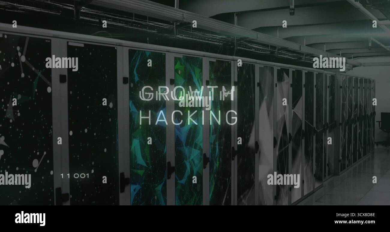 Showing server cabinets featuring stylized GROWTH HACKING overlay in data center, with code 11001 Stock Photo
