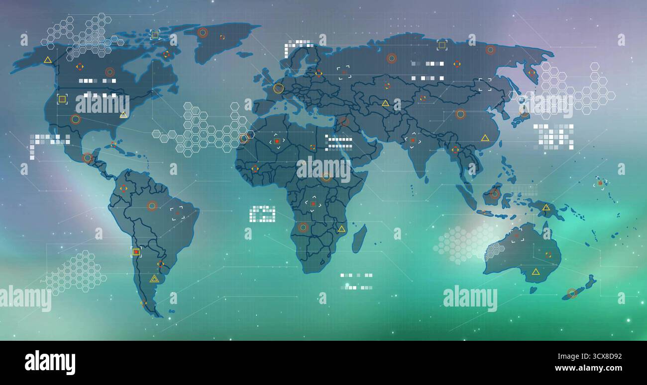 Displaying world map showing hexagonal grid clusters, data icons, dotted lines at virtual interface Stock Photo