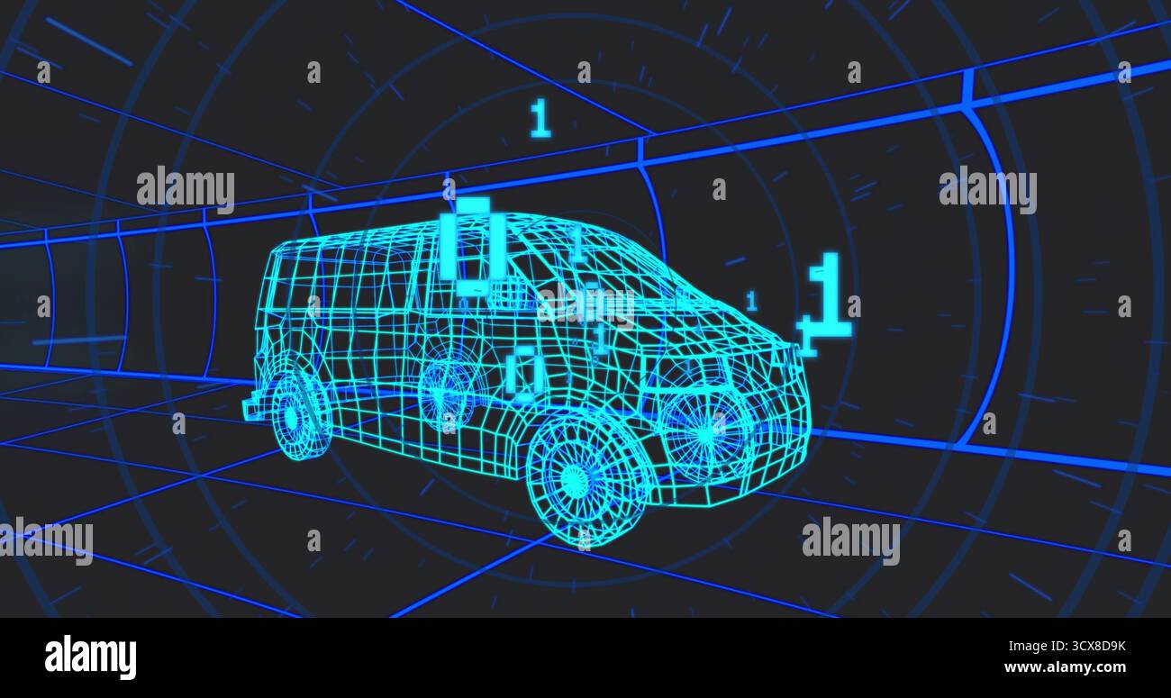 Rotating neon-blue wireframe van model hovering in grid tunnel, with floating numeric 1 markers Stock Photo