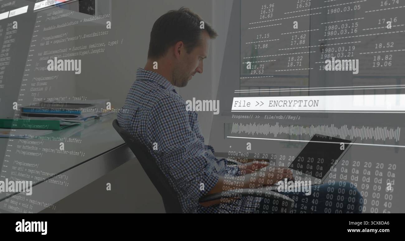 Working developer at office desk typing code on laptop with code overlay graphics, copy space Stock Photo
