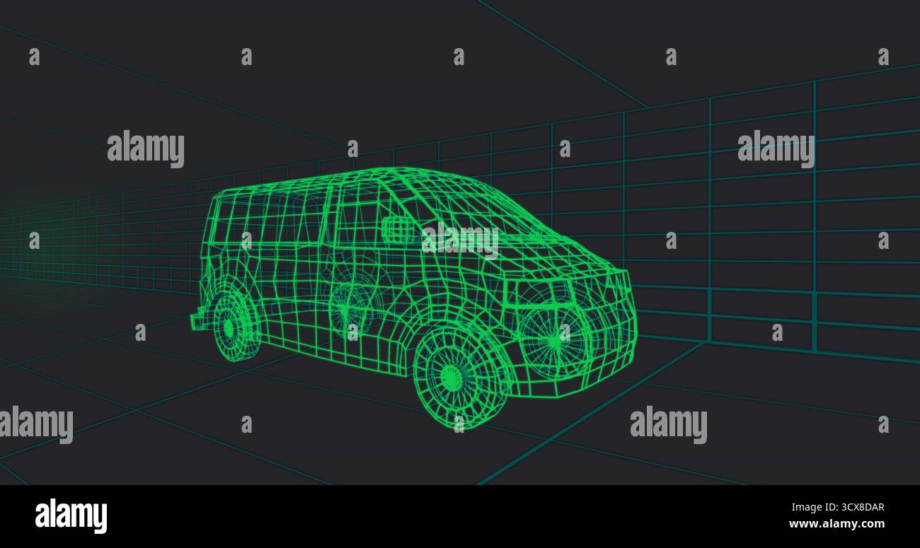 Displaying neon green wireframe van model in 3D modeling workspace, with teal grid lines Stock Photo