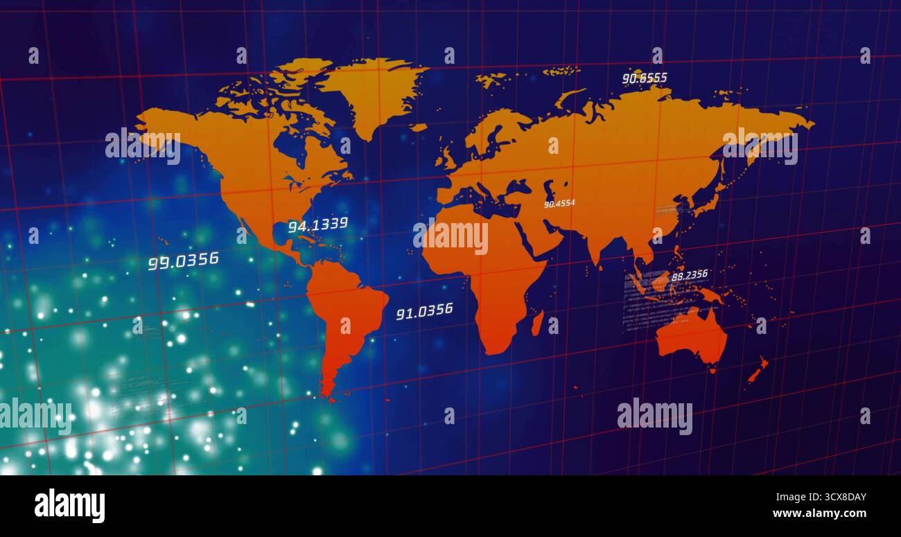 Orange world map displaying glowing points in dashboard, with red gridlines and numeric labels Stock Photo