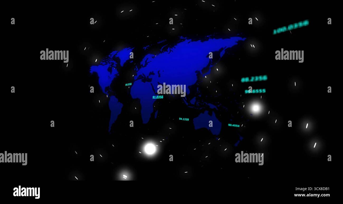 Displaying glowing blue world map on dark data dashboard, with floating numeric coordinates Stock Photo