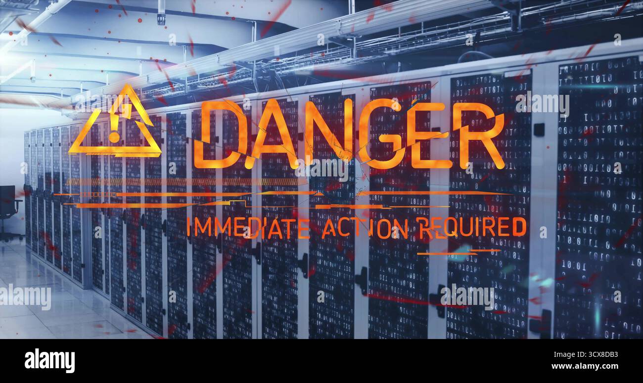 Displaying orange warning overlay covering rack aisle in data center ...