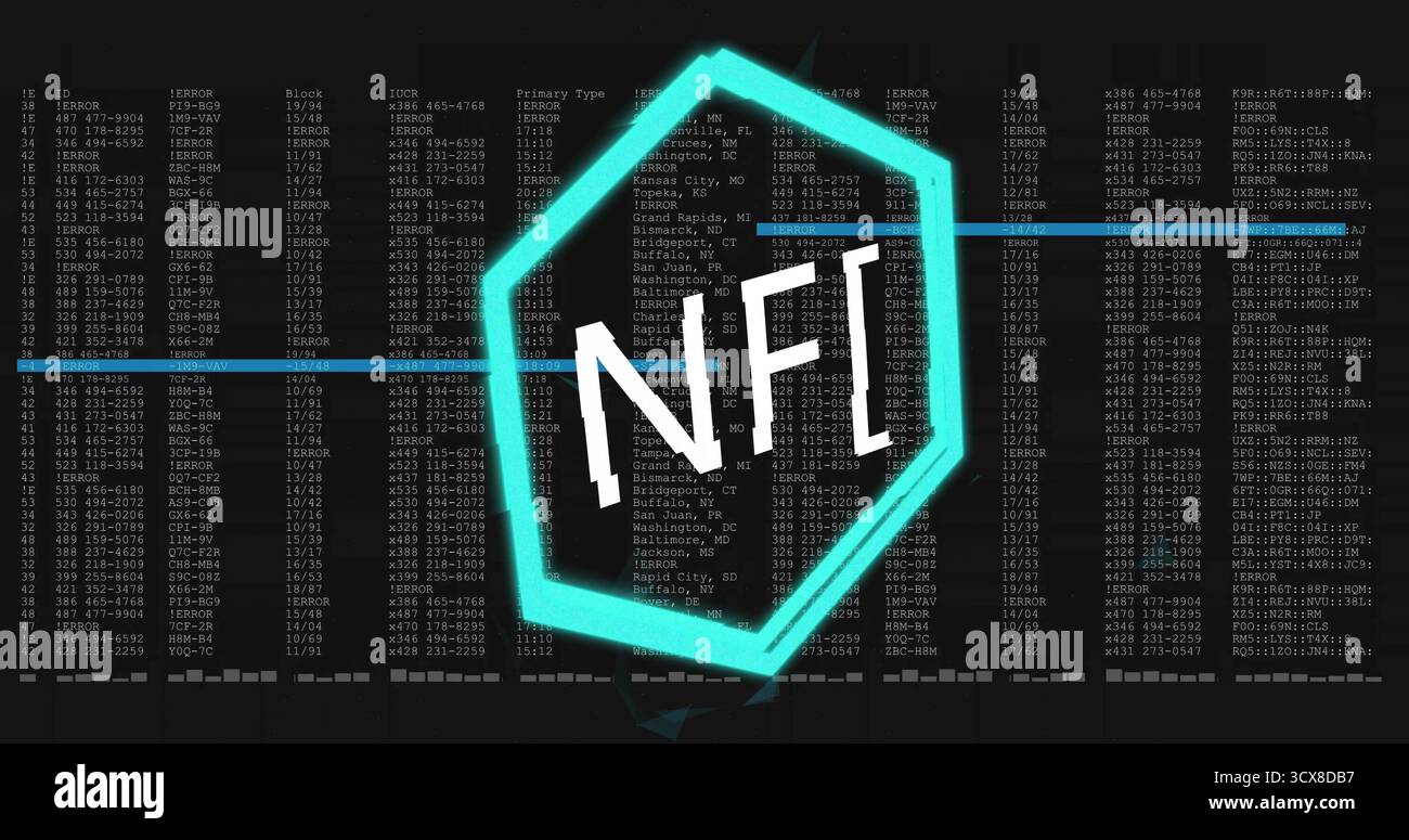 Displaying glowing teal hexagon frame containing pixelated NFT text on code grid, with code columns Stock Photo