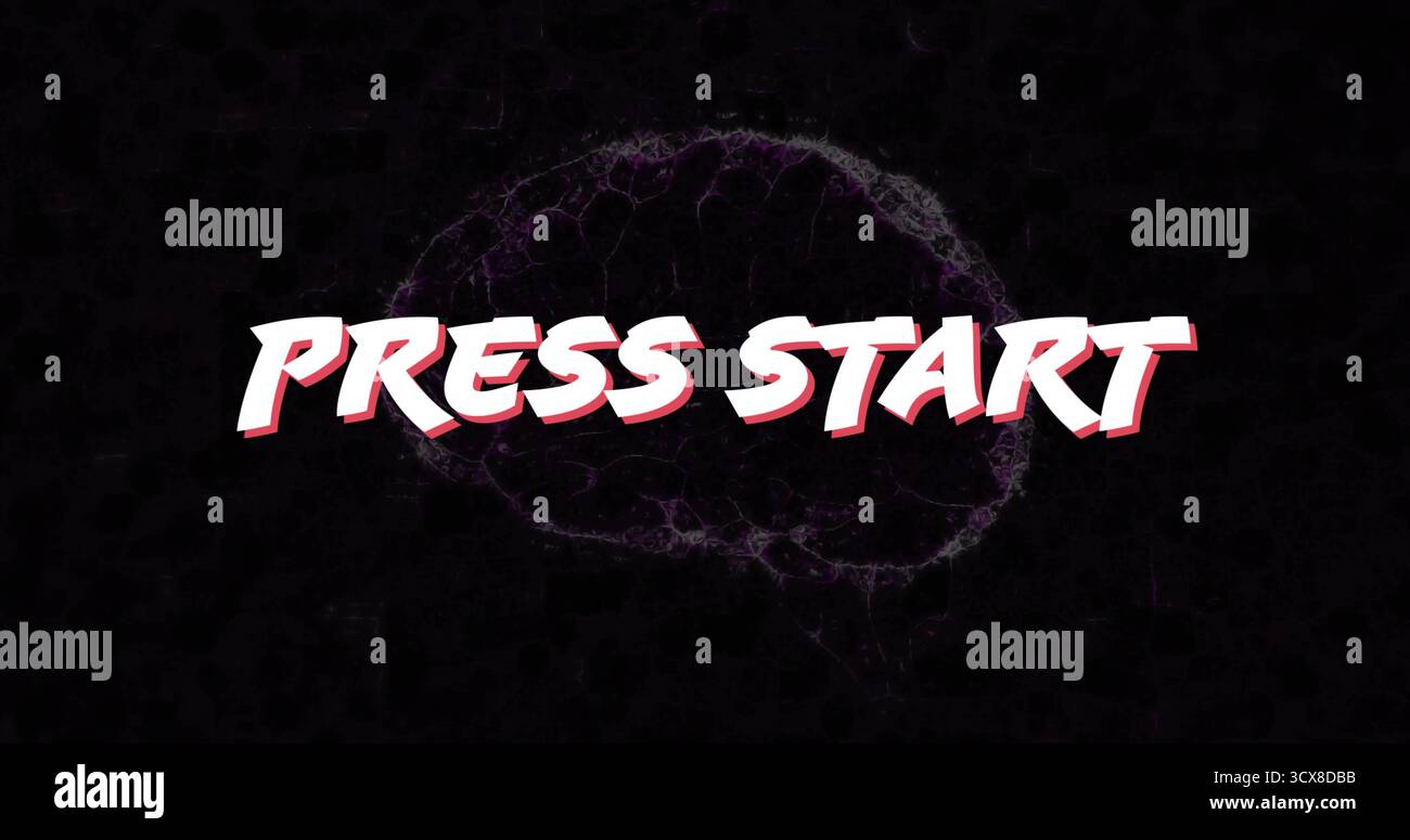 Displaying bold PRESS START text on digital interface, with purple brain network illustration Stock Photo
