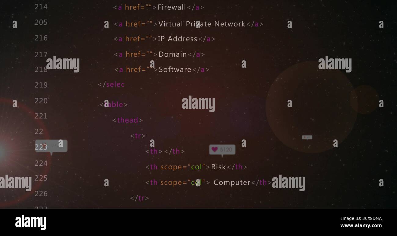 Displaying HTML code snippet in editor showing anchor tags select element table lens-flare overlays Stock Photo