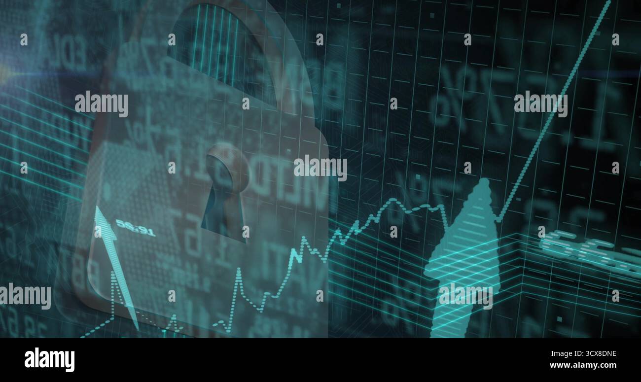 Displaying translucent padlock featuring keyhole overlaying data grid, flowing code and arrow chart Stock Photo
