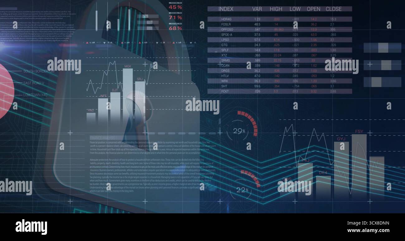 Displaying padlock icon showcasing bar chart on cybersecurity dashboard, with glowing lines Stock Photo