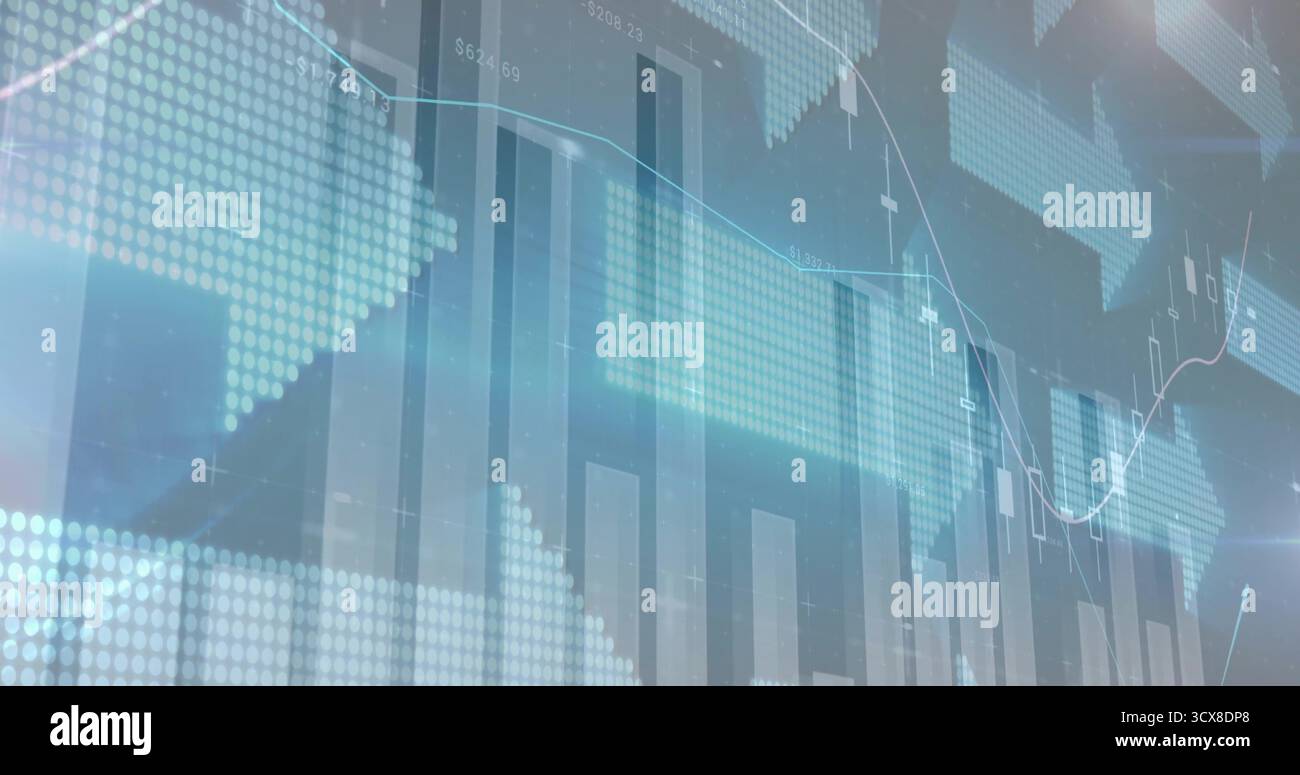 Displaying data visualization on dashboard screen, with bar charts, dotted world map and line graph Stock Photo