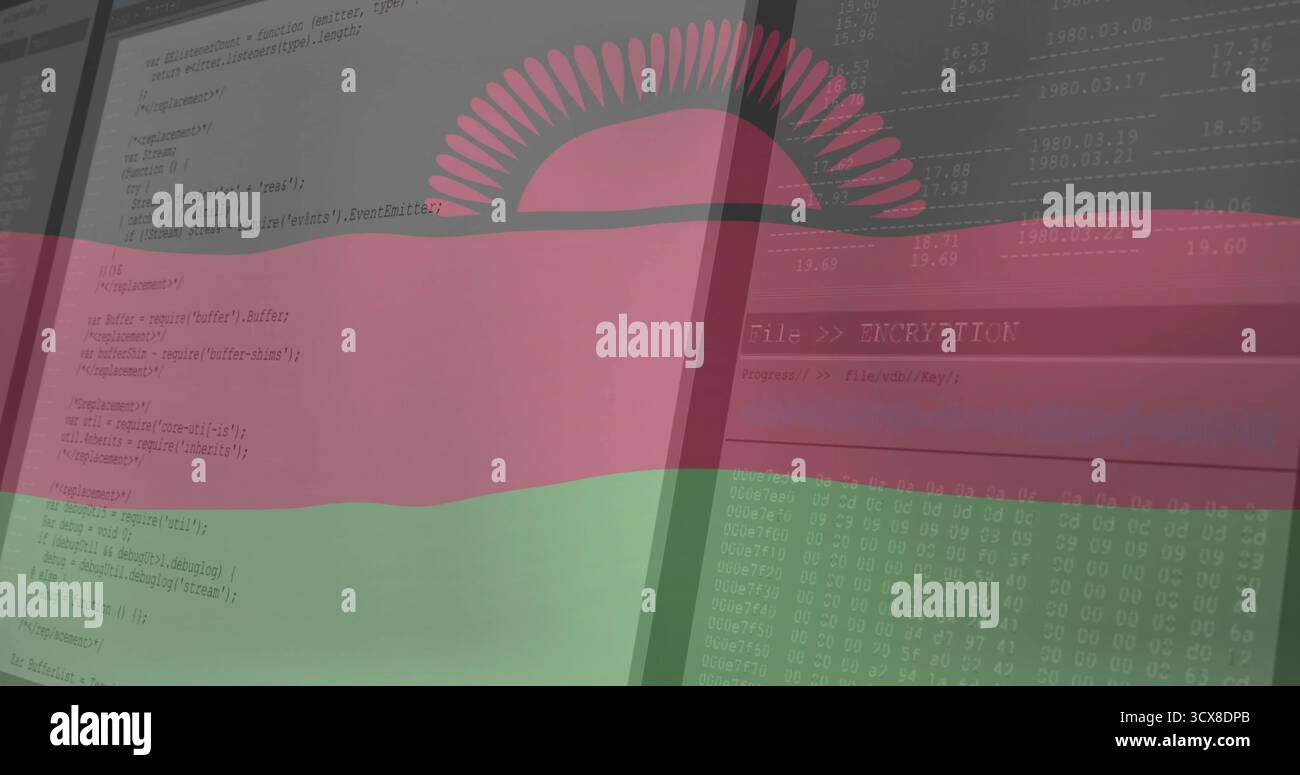 Displaying red-green striped flag overlaying office screen showing code windows and encryption tool Stock Photo