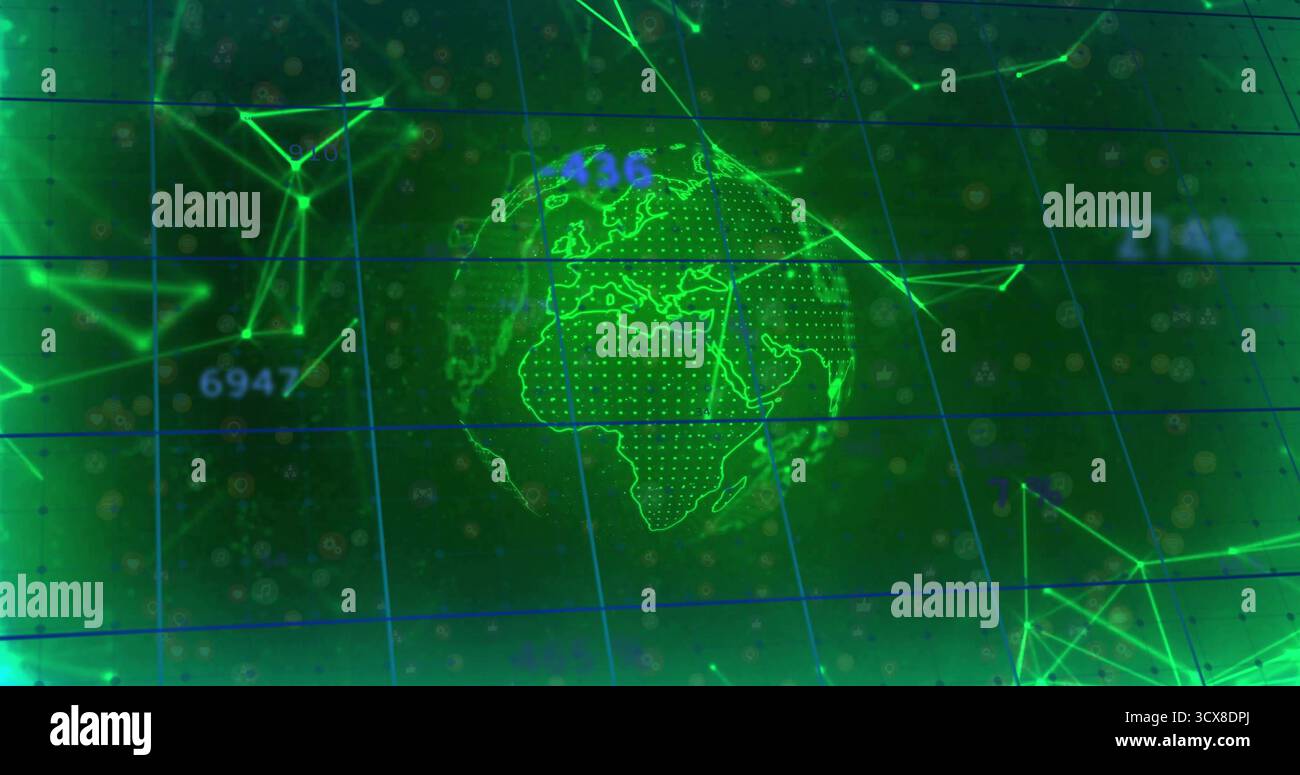 Displaying green wireframe globe on virtual dashboard, with grid and network nodes and numbers Stock Photo