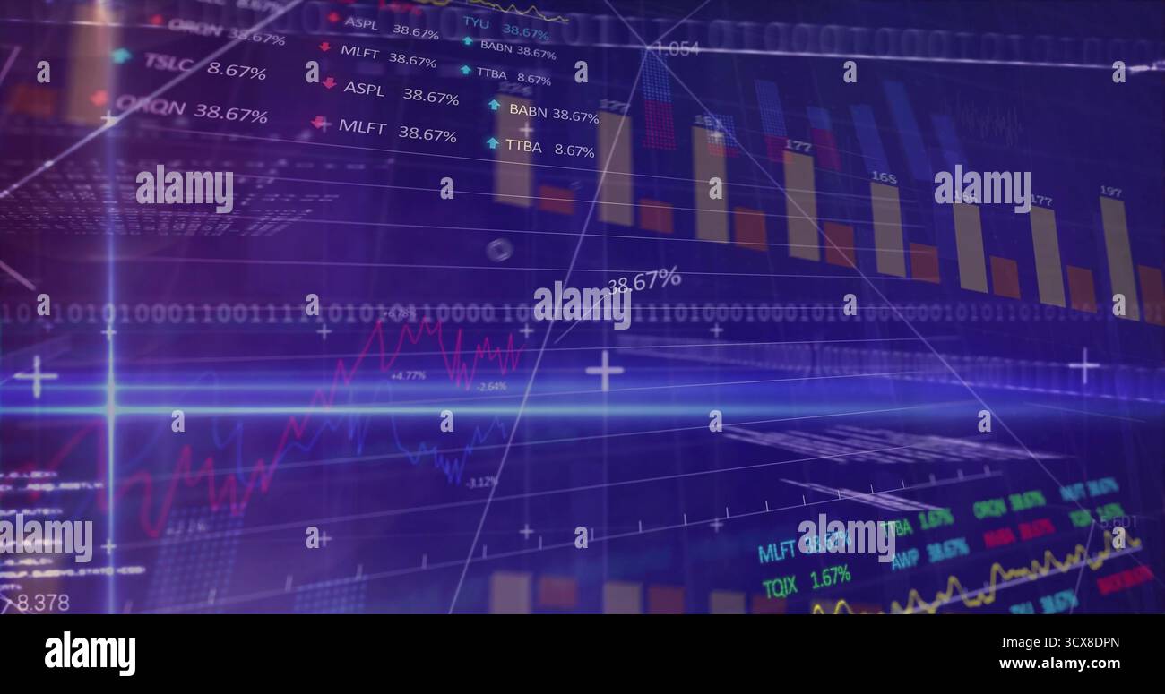 Displaying financial dashboard showing bar charts and line graphs over binary code with light beams Stock Photo