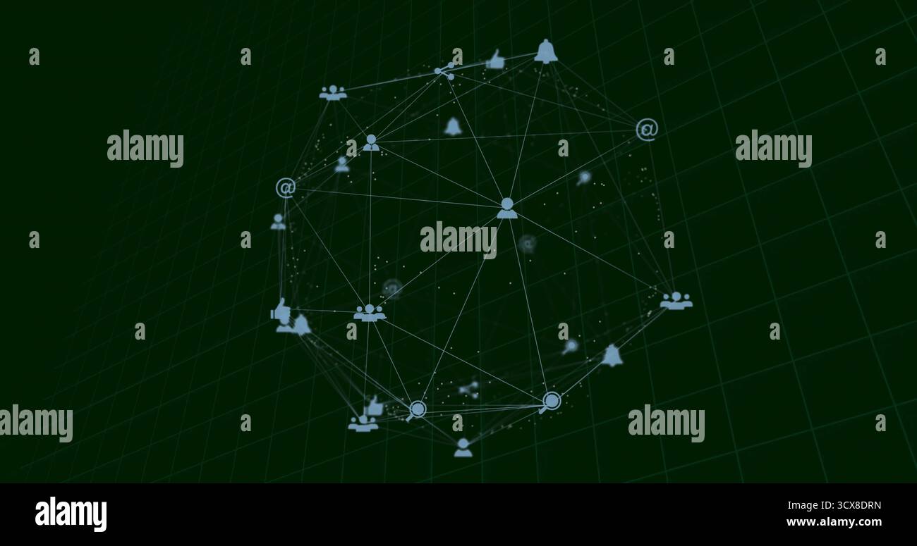 Displaying spherical network graph emerging in virtual grid, with light ...