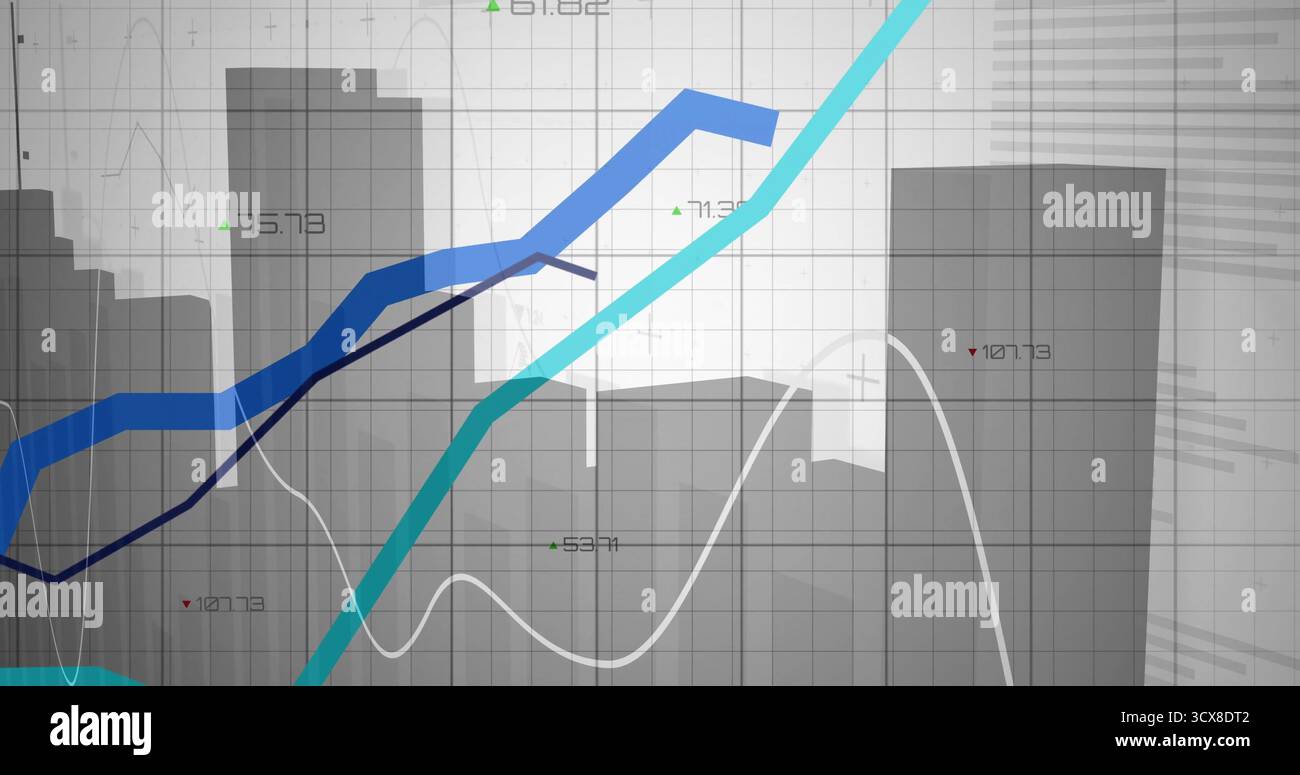 Displaying numeric labels on ascending vivid line graphs over grey skyline grid on data dashboard Stock Photo