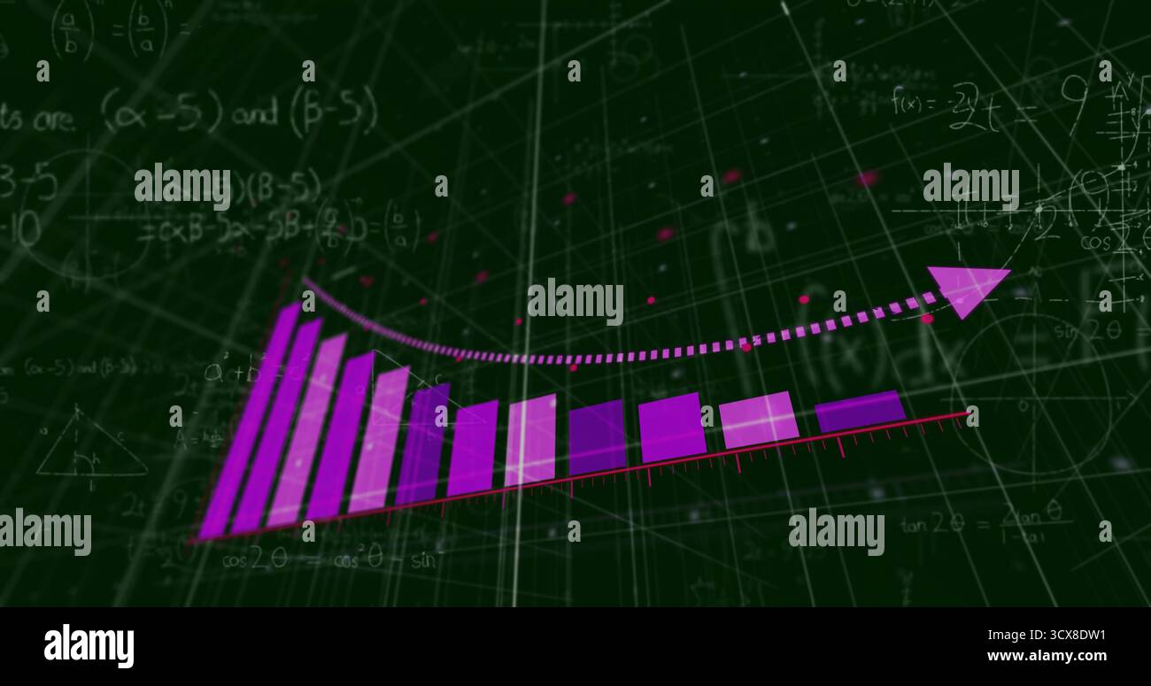 Displaying stylized purple bar chart rising in analytic space, with ...