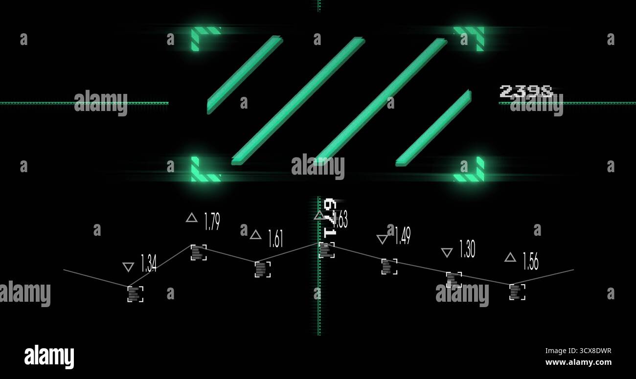 Displaying scanning reticle framing four diagonal bars on green interface with segmented data line Stock Photo