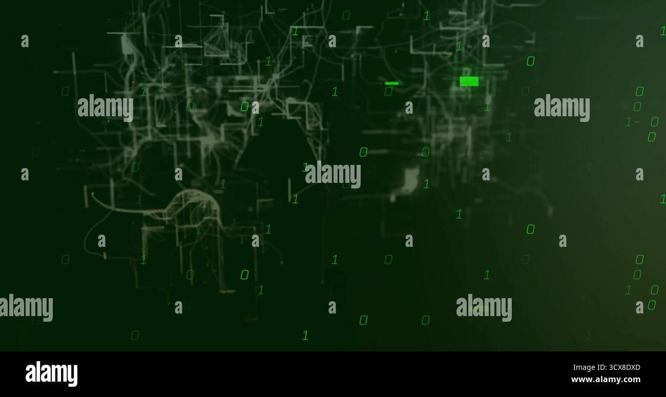Displaying network pattern in data space, showing binary digits circuit lines and green highlights Stock Photo