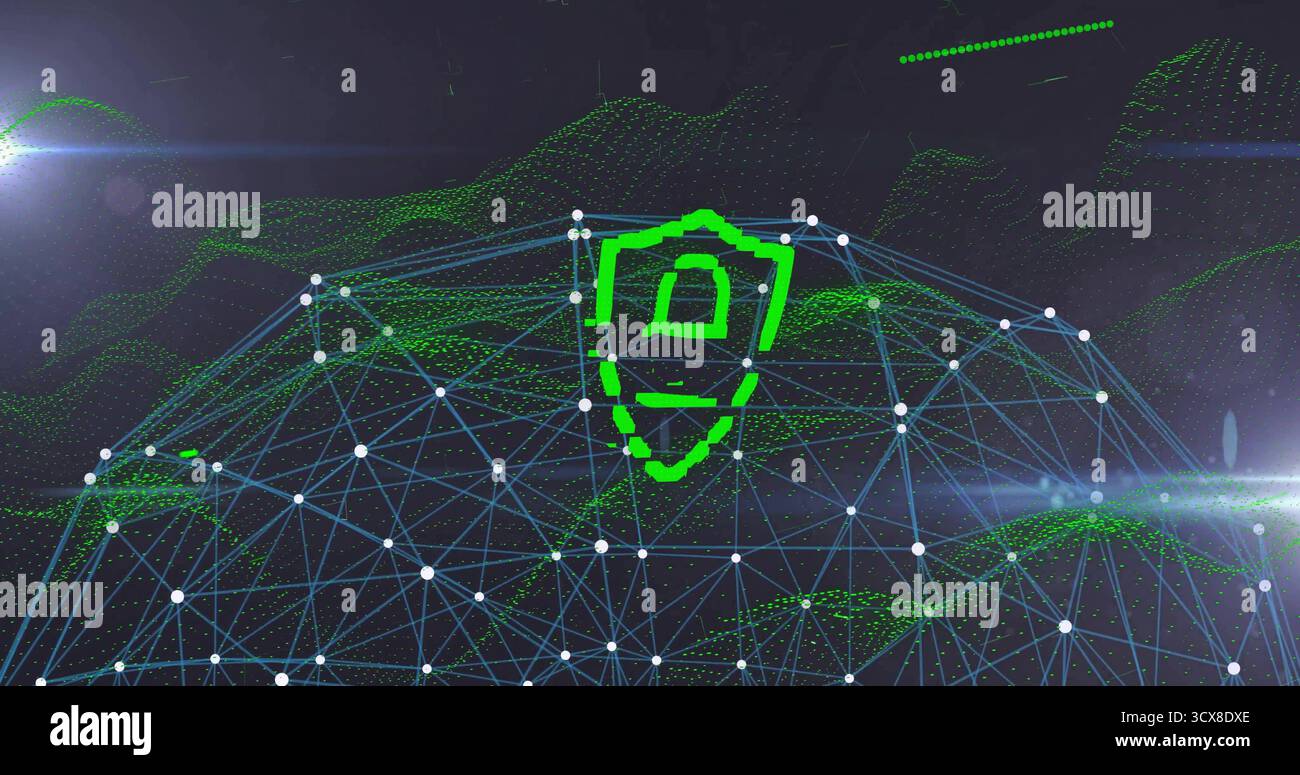 Displaying bright green shield icon locking data streams in virtual network space, wireframe globe Stock Photo