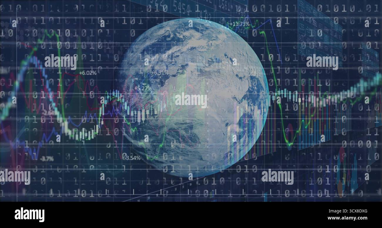 Displaying planet Earth rotating in virtual analytics hub, with binary code and financial charts Stock Photo