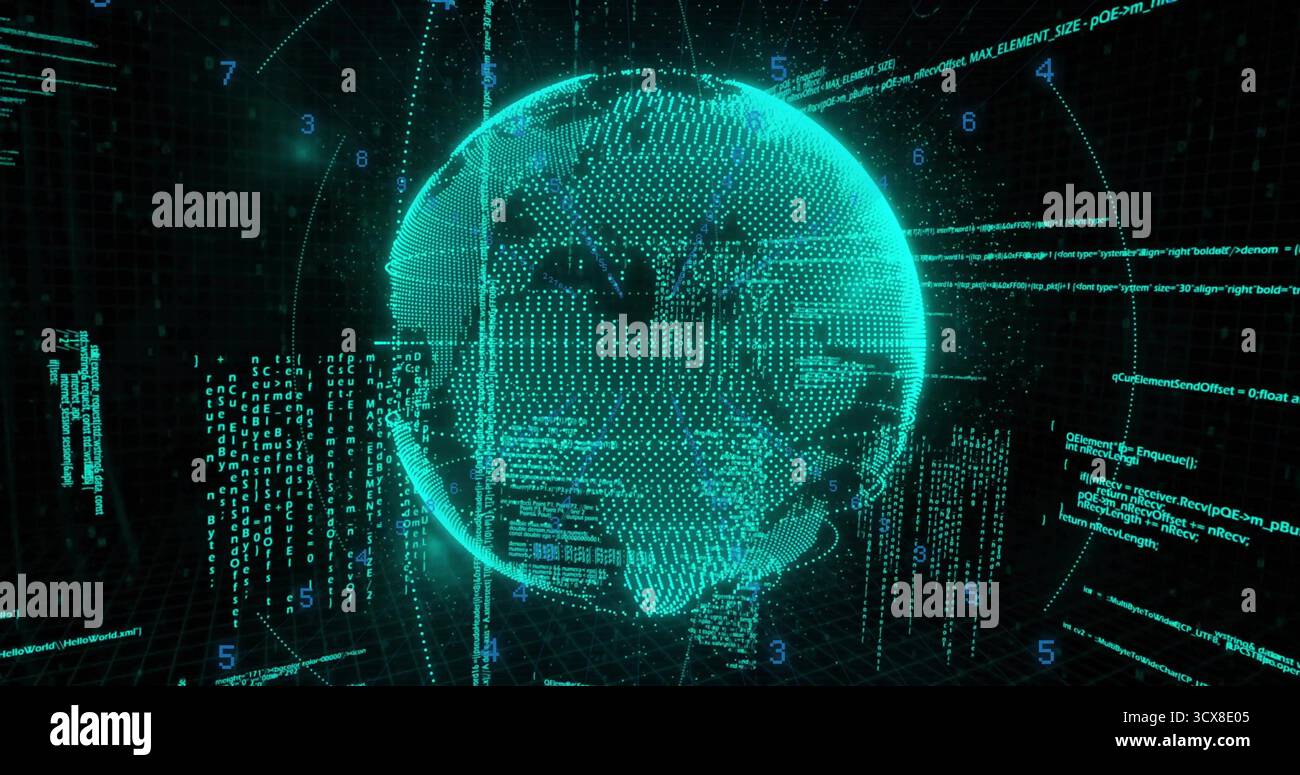 Holographic globe rotating in virtual grid space, with floating code fragments and numeric overlays Stock Photo