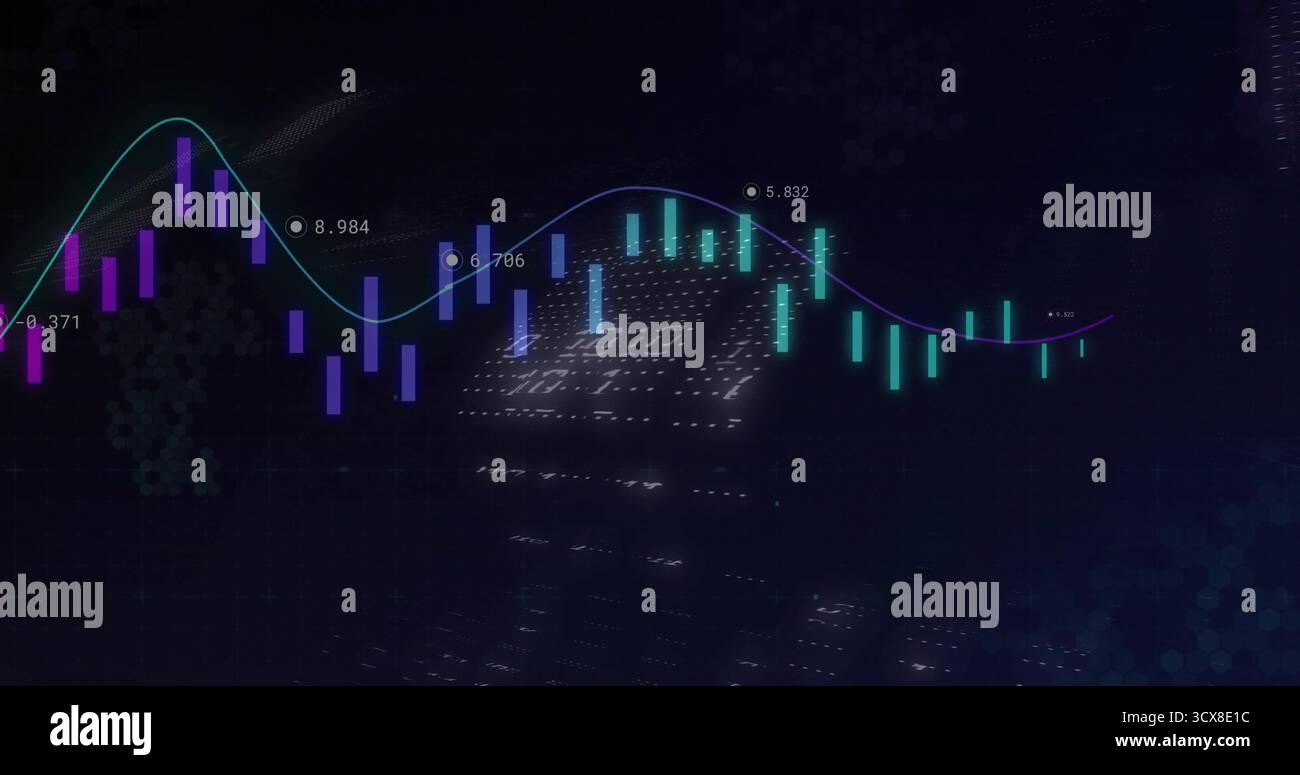 Displaying candlestick bars and wave line graph in trading interface, with numeric labels and grid Stock Photo