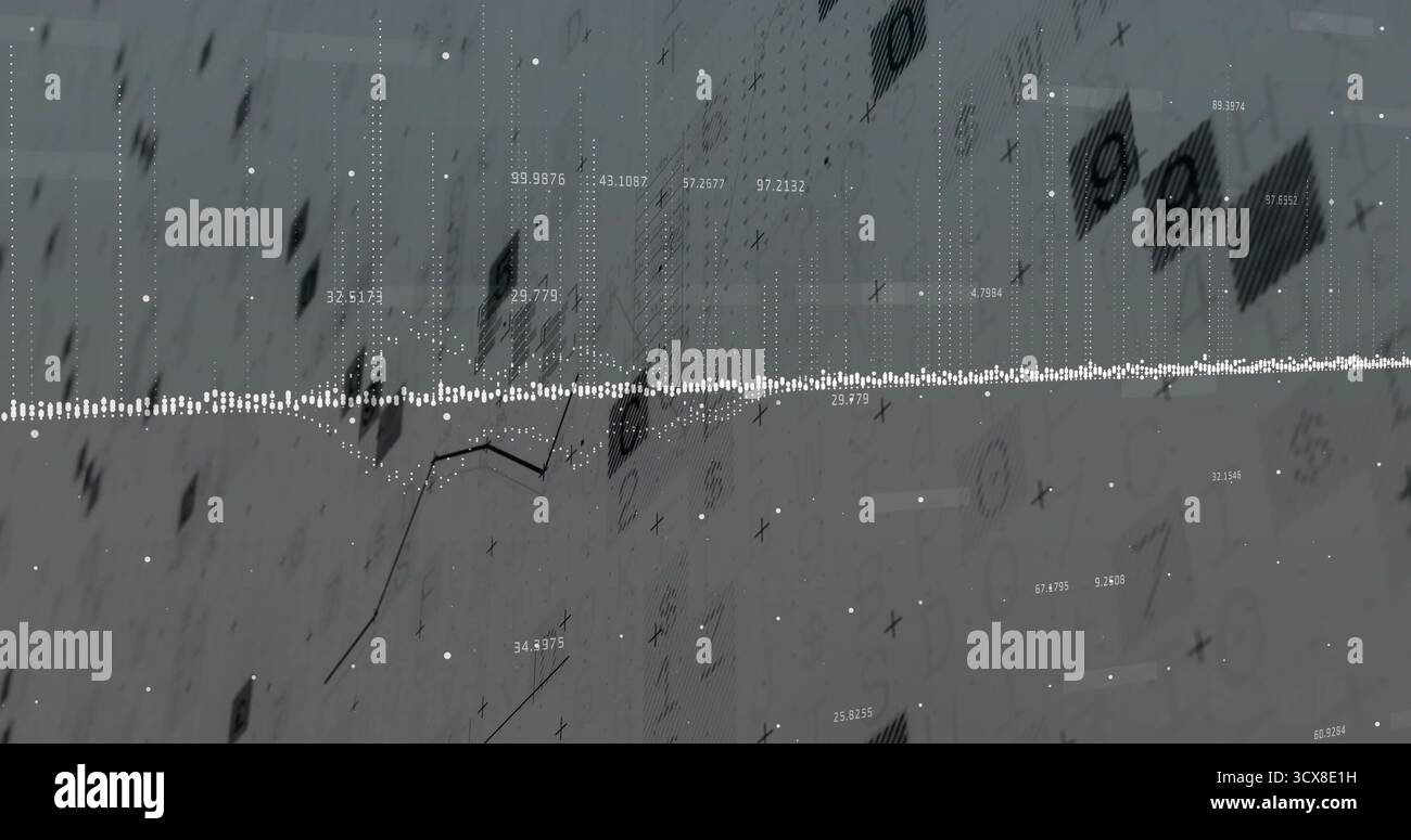 Displaying white dotted waveform spanning dashboard, with numeric clusters, grid, chart lines Stock Photo