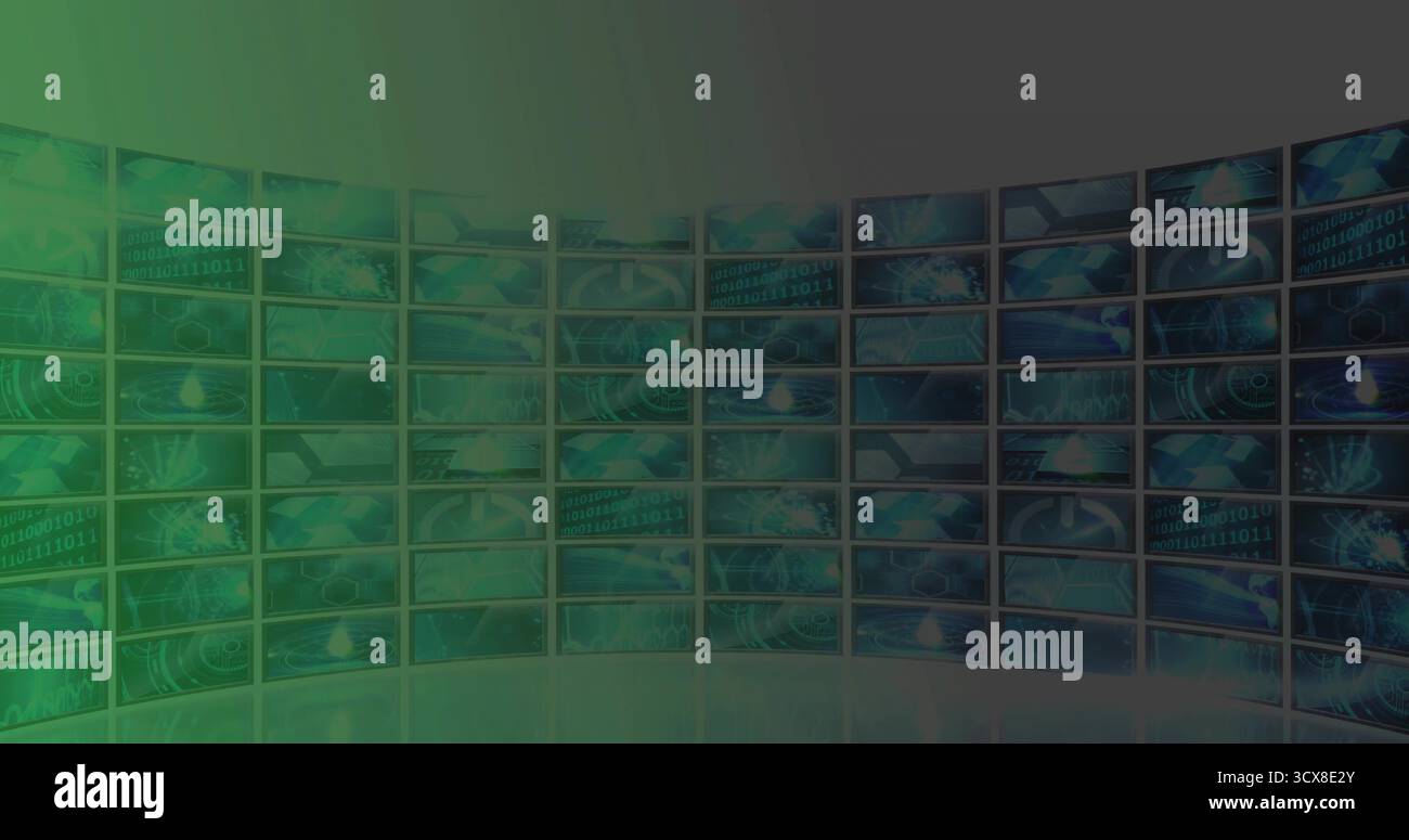 Displaying interface graphics on curved multi-screen wall in control center, lighting glossy floor Stock Photo
