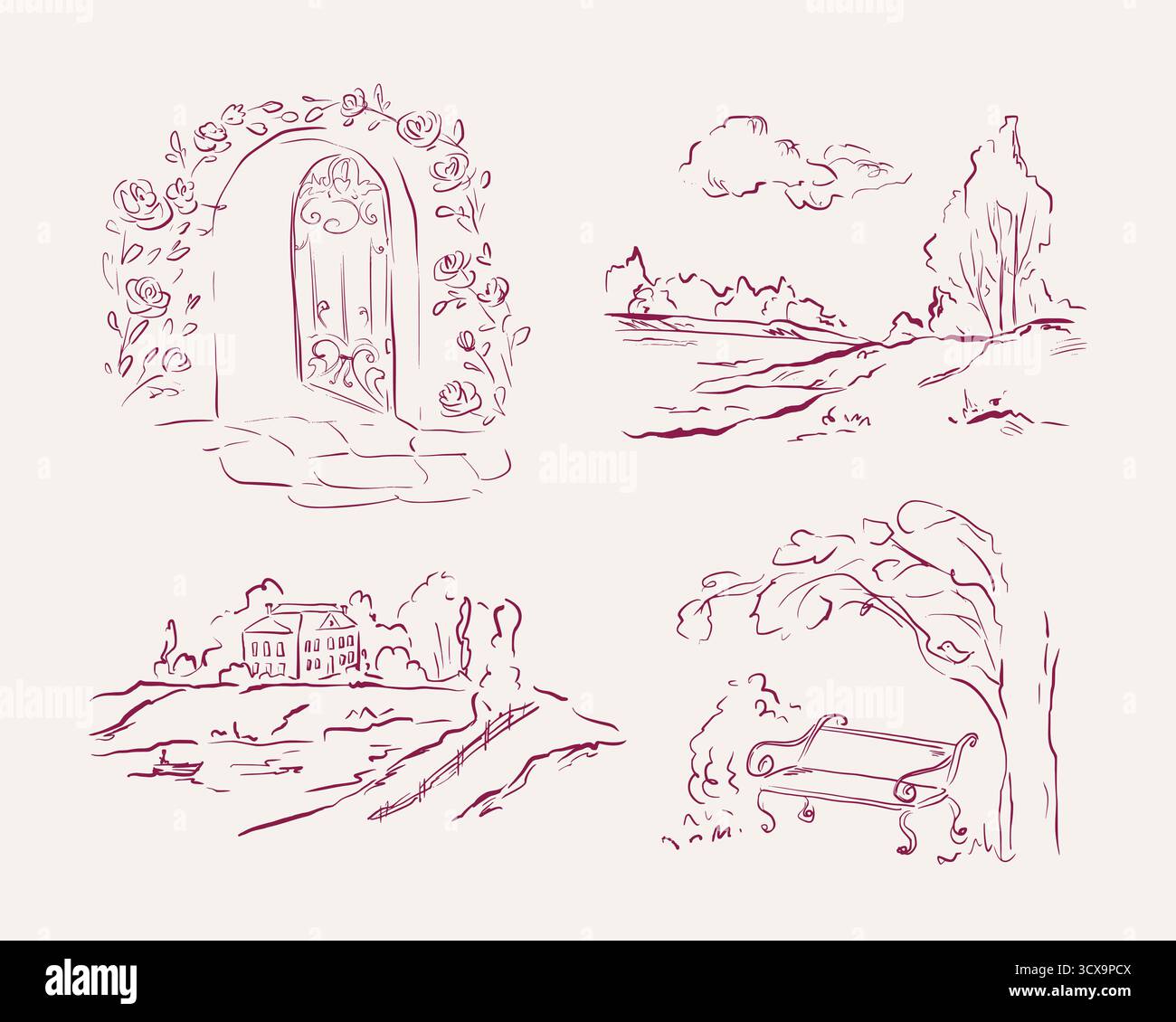 Whimsy Line Drawing Whimsical line art set with flower arch, park bench, manor house, and ...