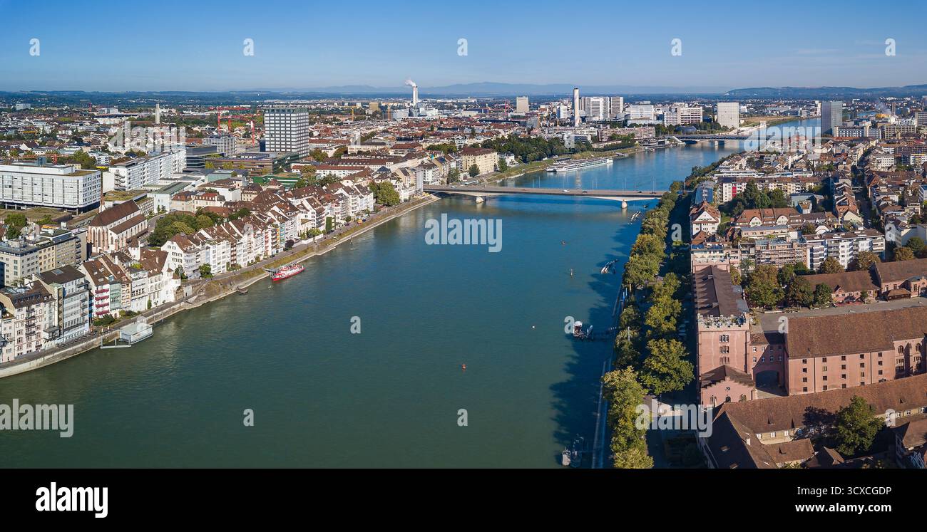 Basel, Switzerland - August 26. 2025: Aerial panorama of the Swiss city ...