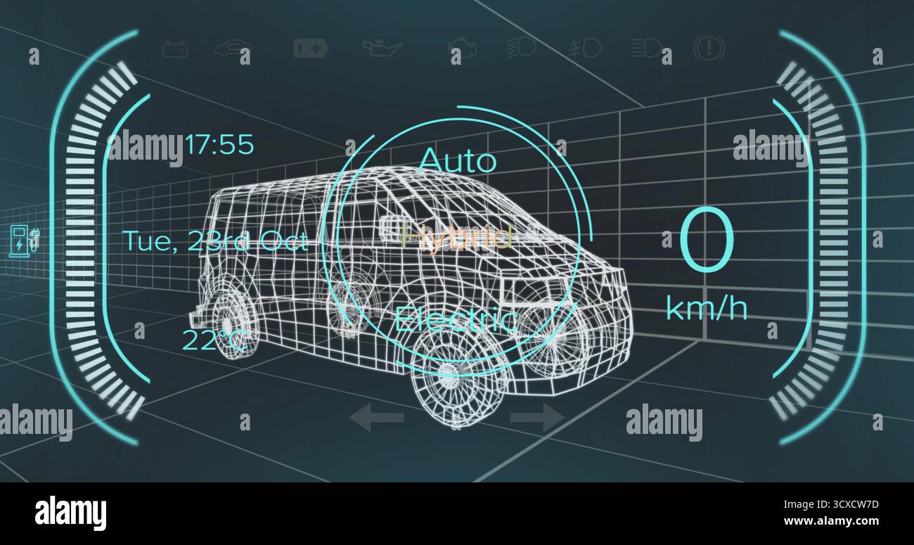 Displaying 3D wireframe van model rotating within dark grid space, with HUD overlays Stock Photo