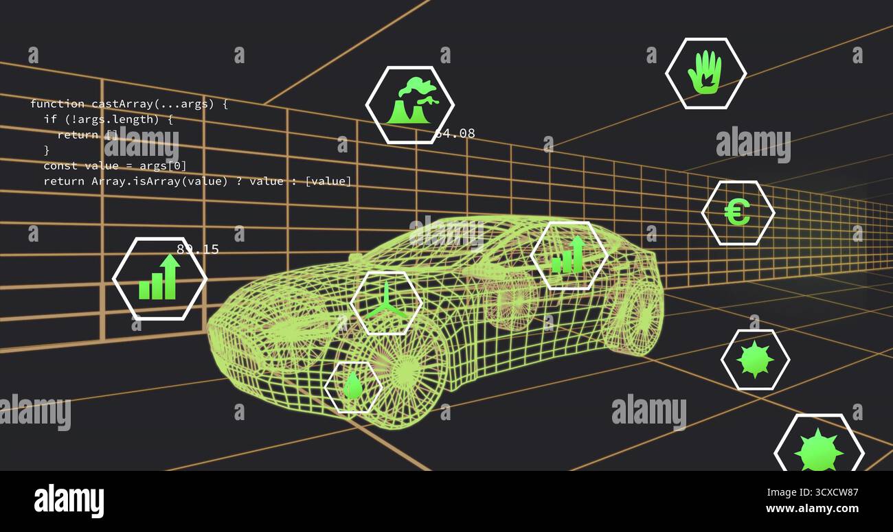 Displaying lime-green wireframe car model in 3D grid corridor, with hex icon overlays, code snippet Stock Photo