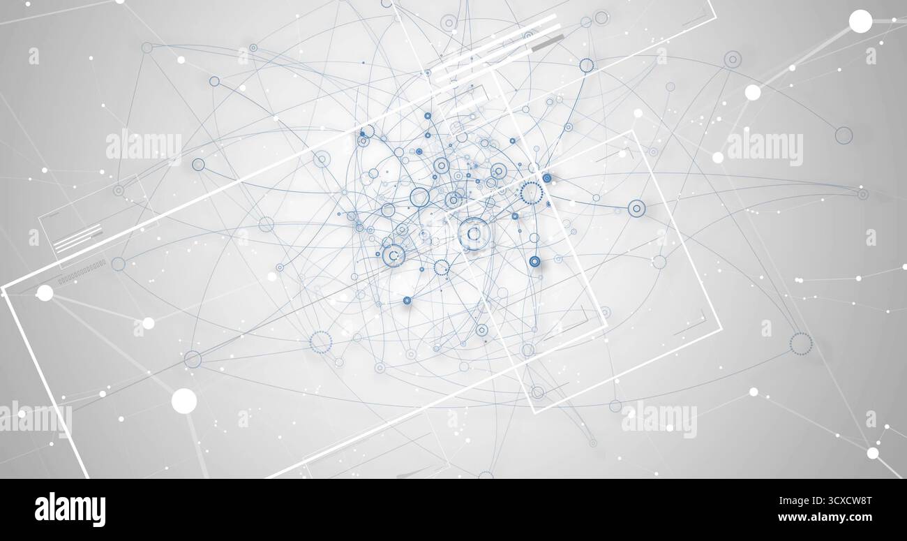 Displaying central network node cluster pulsing in digital space, with nodes and translucent frames Stock Photo