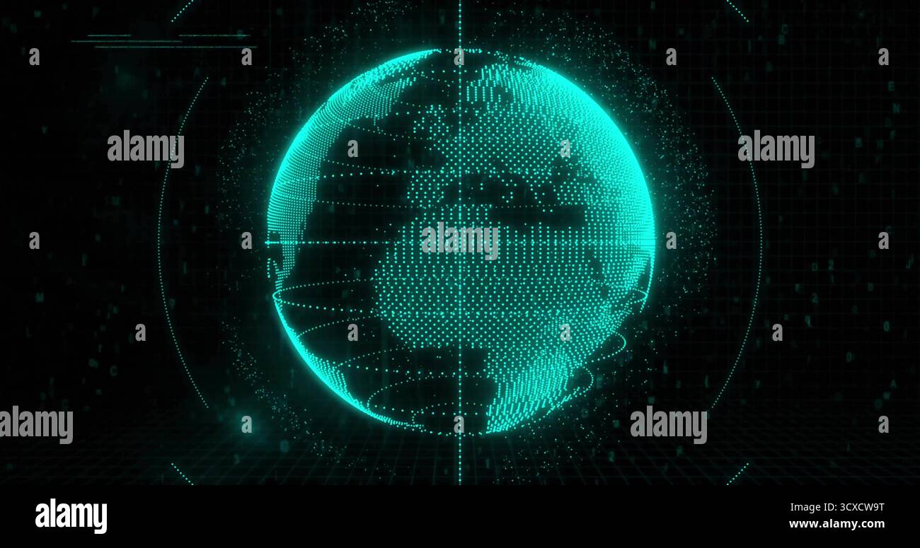 Projecting holographic turquoise globe rotating in virtual grid space, with dotted data points Stock Photo