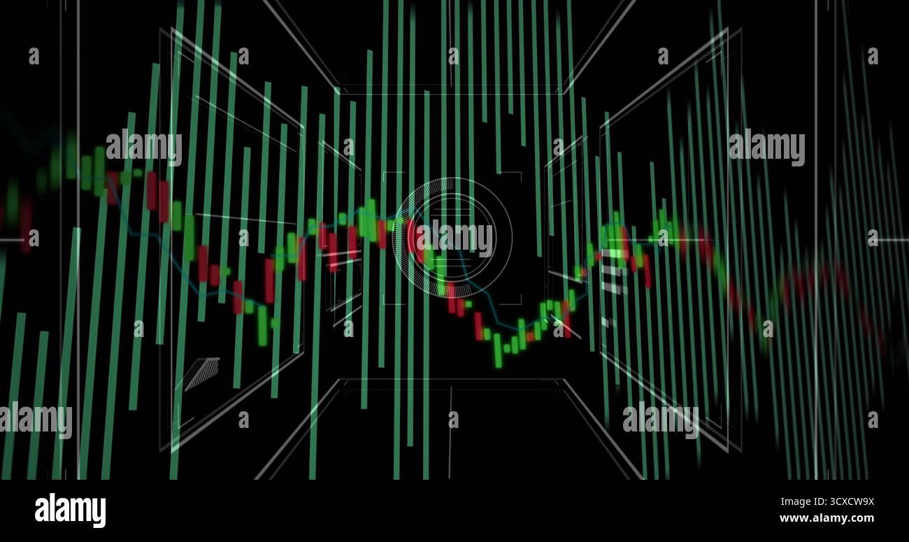 Displaying candlestick chart with histogram bars scrolling over grid on dashboard, with HUD reticle Stock Photo