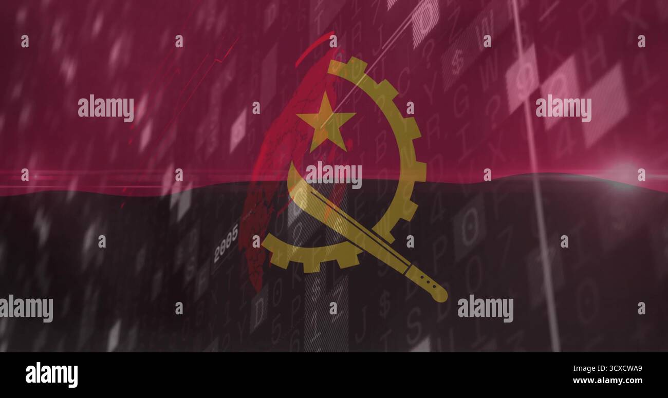 Displaying Angolan flag emblem amid code network, binary and alphanumeric data, glowing blocks Stock Photo
