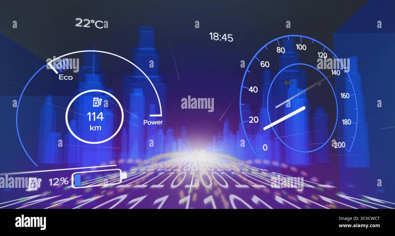 Displaying HUD in simulation, showing Eco Power gauge, range, battery bar, speedometer and clock Stock Photo