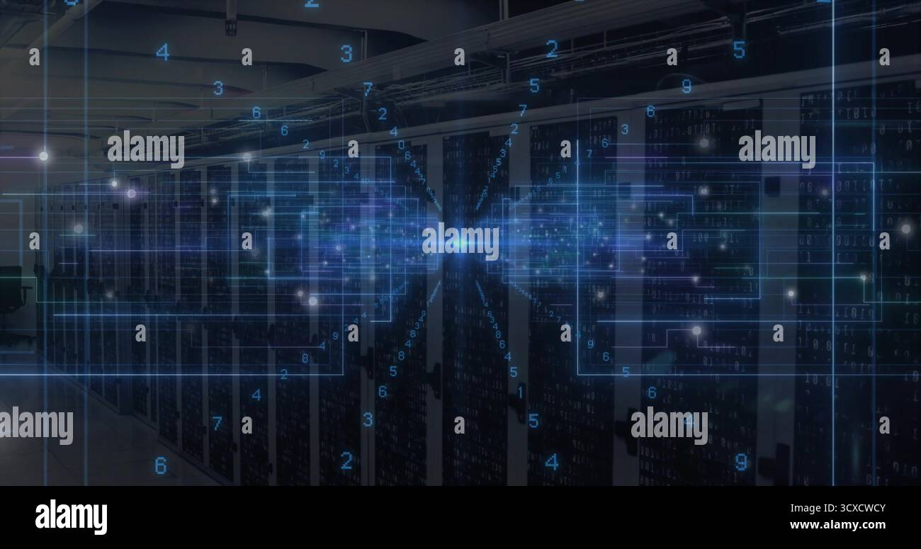 Displaying server racks streaming data via digital overlay inside data center, with LED lights Stock Photo