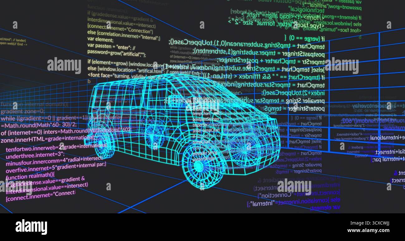 Floating cyan wireframe SUV drifting in virtual grid environment, with glowing code and axis lines Stock Photo