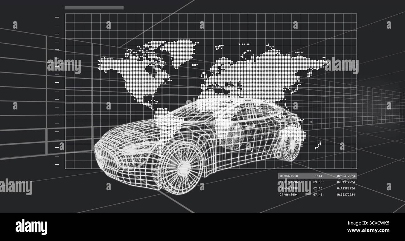 Displaying wireframe sports car in CAD interface, with dotted world map and technical data overlay Stock Photo