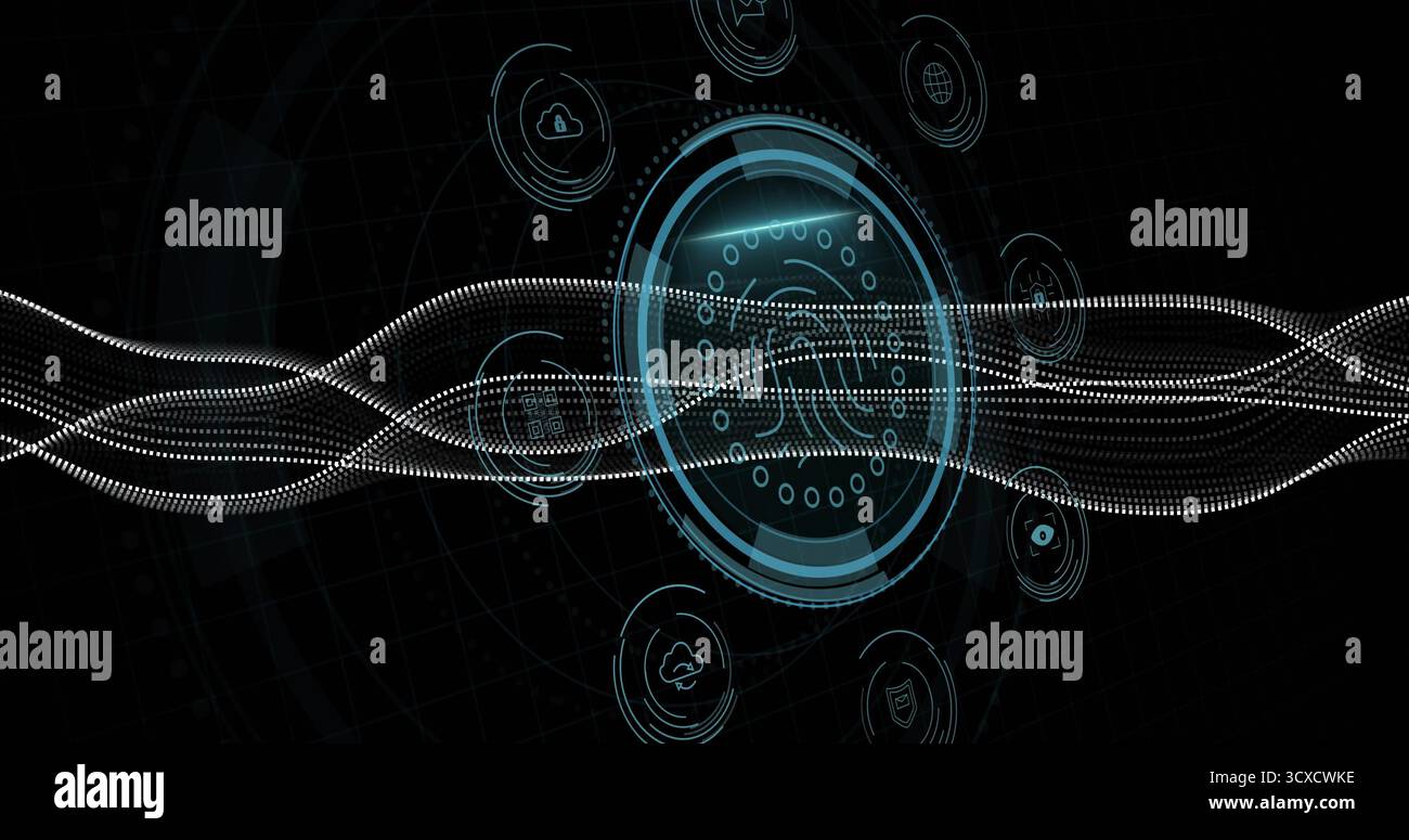 Displaying fingerprint scanner on cybersecurity dashboard with waveform security connectivity icons Stock Photo