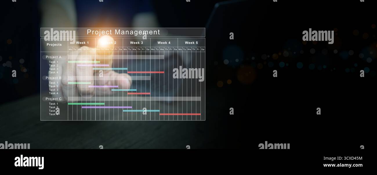Digital project management concept showing business technology, task scheduling, data visualization with glowing touch interface for planning, coordin Stock Photo
