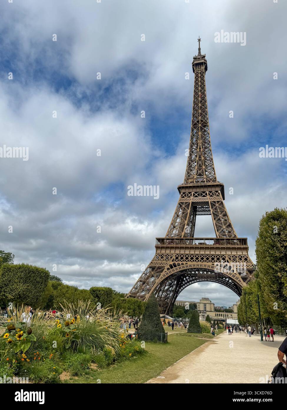 the iconic eiffel tower soaring into a dramatic, partially cloudy blue sky, captured from the landscape garden of the Champ de Mars in Paris,France - Smartphone Captured Stock Image