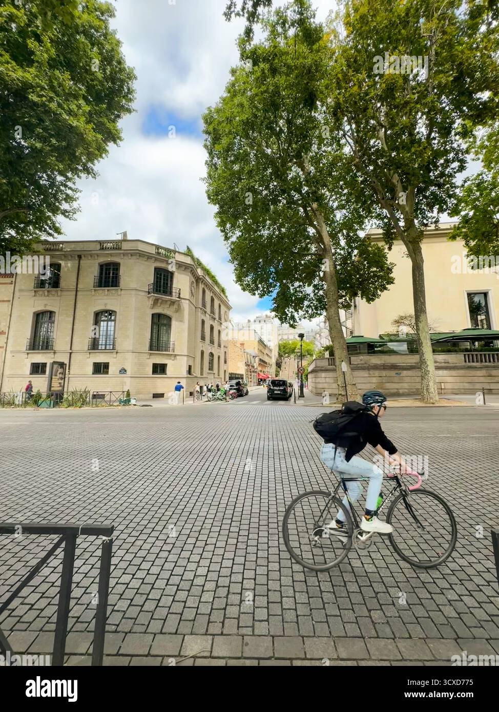 a cyclist riding through a cobbelstone street lined with trees and historic buildings in Paris, France, under a partly cloudy sky. - Smartphone Captured Stock Image a cyclist riding through a cobbelstone street lined with trees and historic buildings in Paris, France, under a partly cloudy sky. - Smartphone Captured Stock Image